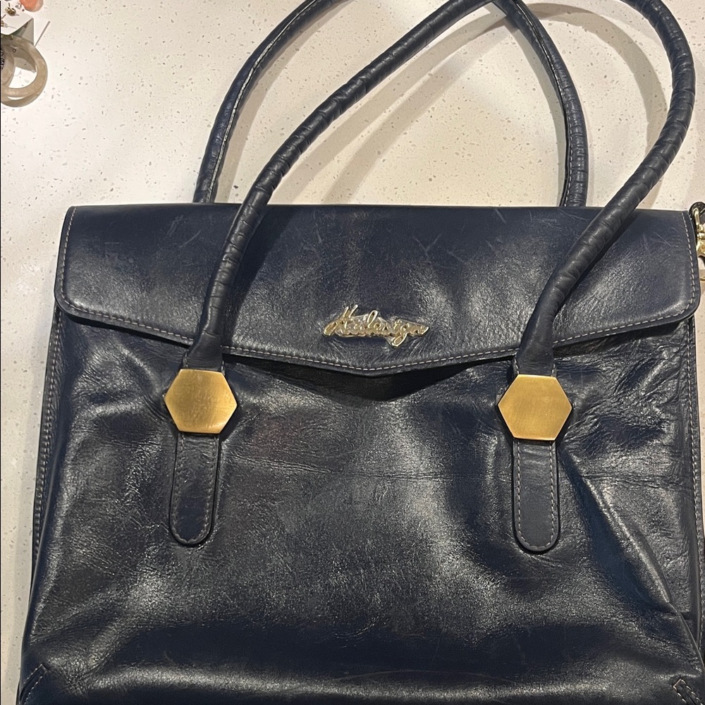 RARE Vintage 90s HIDESIGN Navy Leather Work Bag - Solid Brass Hexagon Hardware